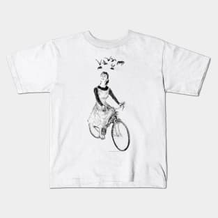 Lady riding on a bicycle (with bats) Kids T-Shirt